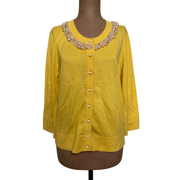 Kate Spade size XL Cardigan Yellow Cotton Pearl Rhinestone Collar Long Sleeve - Picture 1 of 8